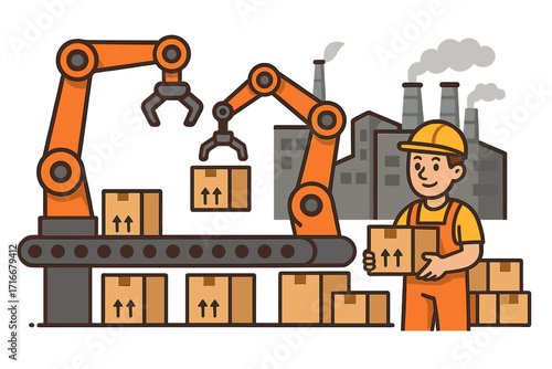 Factory automation with robotic arms and worker on conveyor belt. Industrial manufacturing, packaging line concept. Warehouse logistics and smart industry production vector.