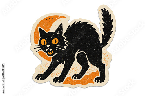 Scared black cat on Halloween. Vintage horror sticker illustration in retro paper collage and halftone zine style. Spooky hissing feline with arched back. Fright night.