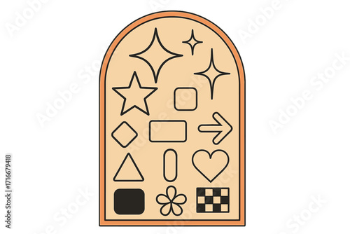 Y2k aesthetic vector set of simple geometric shapes. Trendy minimalist brutalist icons. Retro 00s design elements like stars and sparkles in an arch for social media.