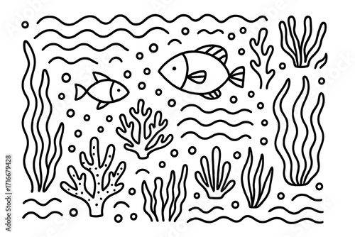 Doodle sea life line art. Abstract underwater contour drawing with fish, seaweed, corals. Simple marine background. Ocean summer concept for print, fabric, kids coloring page.
