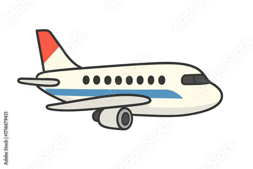 Flat airplane cartoon vector illustration. Commercial passenger jet for air travel, tourism. Simple aircraft icon for transport design. Airline flight symbol for holiday, business trip.