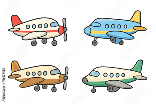 Set of cute cartoon airplanes. Vector illustration collection of various aircraft, including propeller planes and jets. Flat design for kids. Isolated transport icons for travel.