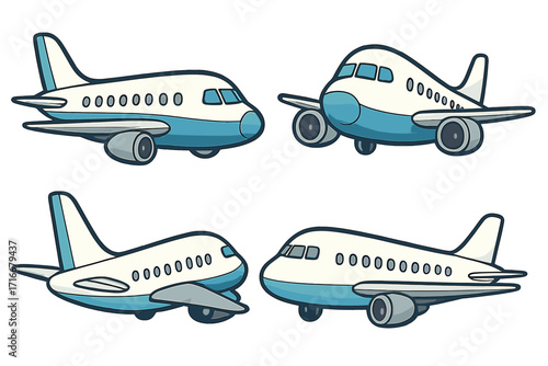 Cartoon airplane set. Vector illustration of commercial passenger jets in a flat design style. Aviation and travel concept. Isolated aircraft elements for graphic design.