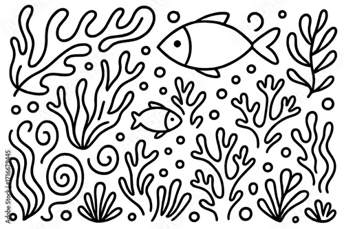 Abstract doodle summer sea background. Hand drawn contour drawing with seaweed, corals, fish. Simple modern style illustrated design for fabric, print, cover, coloring page.