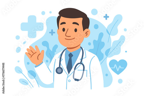 Doctor character vector illustration. Friendly male physician waving. Medical and healthcare concept for hospital or clinic. Cartoon professional for health insurance poster.