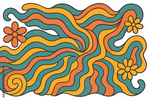 Psychedelic groovy background with wavy lines and flowers. Retro 70s hippie style vector illustration. Abstract hand drawn vintage pattern with swirls and flowing curves. Cartoon.