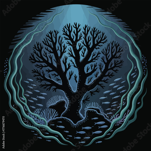 Underwater Tree Illustration, Isolated Vector Art of Ocean Scene with Fish and Seaweed
