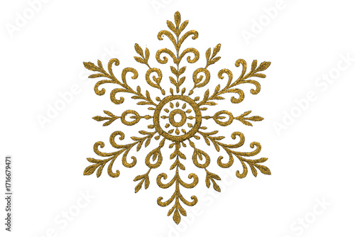 Golden glitter snowflake isolated. Ornate boho filigree style. Elegant winter decoration for Christmas and New Year. Luxurious sparkling holiday vector design element concept.