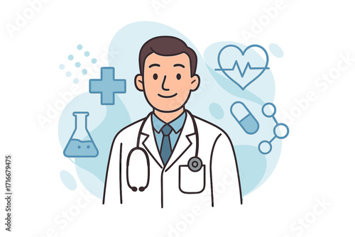 Doctor character and medical icons vector illustration. Healthcare and medicine concept with physician for hospital or clinic. Science, pharmacy, and cardiology symbols.