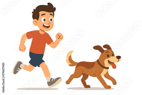 Happy boy running with his dog. Cute child and pet jogging together. Friendship and companionship concept. Active healthy lifestyle, fun outdoor exercise. Vector cartoon.