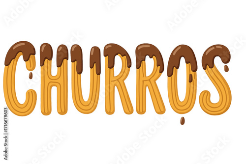Churros lettering text made of churro sticks with chocolate sauce. Sweet dessert food typography. Spanish Mexican pastry snack. Vector flat cartoon hand drawn illustration.