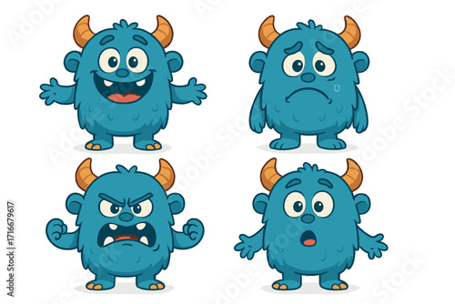 Cute blue monster character set showing different emotions. Funny cartoon vector mascot with happy, sad, angry, surprised facial expressions. Creature feelings illustration.