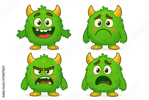 Set of cute cartoon monster characters with different emotions. Green funny creature mascot showing happy, sad, angry, scared facial expressions. Vector illustration emoji pack.