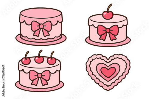Coquette cakes set with bows and cherry. Heart shaped dessert in retro 90s style. Girly aesthetic illustration for Valentine's day. Sweet vintage pink pastry vector cartoon.