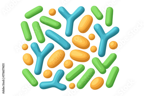 3D vector microbiome background. Probiotic bacteria concept with lactobacillus, bifidobacteria. Gut flora, microorganisms, acidophilus. Healthy digestive system biology science.