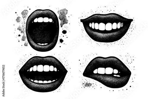 Woman lips expression set. Female mouth screaming, biting lip, smiling. Halftone dotwork texture. Pop art comic grunge style illustration. Concept emotion, passion, anger, joy, desire.