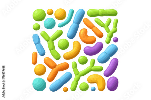 Microbiome 3d render of probiotic bacteria. Lactobacillus, bifidobacteria, acidophilus. Healthy gut flora concept. Prebiotic for digestion. Microbiology science cartoon vector.