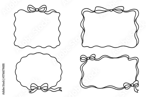 Coquette frames set with bows and ribbons. Girly wavy scallop border collection. Aesthetic retro doodle for invitation or photo. Cute hand drawn vintage line art illustration.