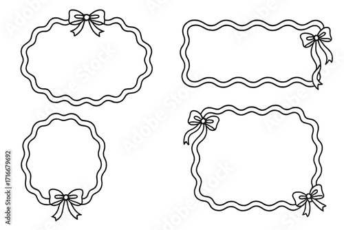 Coquette frames set with bows. Collection of retro outline scallop borders. Cute girly aesthetic wavy label tags. Vintage doodle vector illustration for decoration.