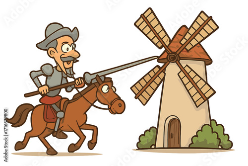 Cartoon Don Quixote knight on horse attacking a windmill. Cervantes hero from La Mancha. Tilting at windmills metaphor for fighting imaginary enemies or an impossible dream.