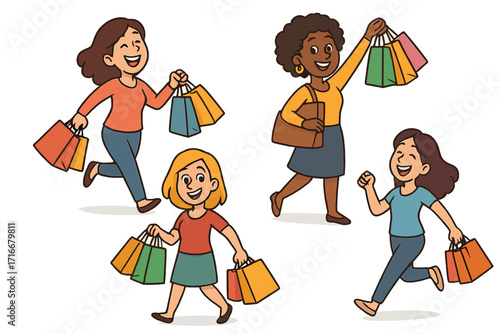 Happy shopping women vector cartoon illustration set. Diverse female characters running with purchase bags. Concept for retail, sale, Black Friday, consumerism, and lifestyle.