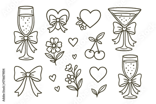 Coquette aesthetic vector set. Cute vintage cocktail elements with bows, ribbons, and flowers. Hand drawn line art of champagne and martini glasses, hearts, and cherries.