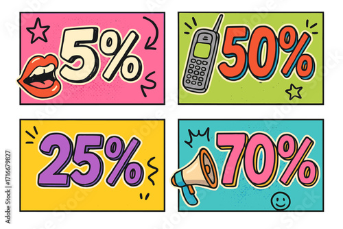 Set of discount banners in retro y2k style. Cartoon sale posters with 5, 25, 50, 70 percent off. Doodle collage stickers with halftone texture for advertising design.