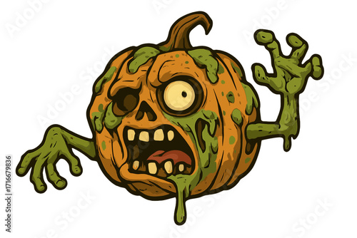 Scary zombie pumpkin monster for Halloween. Creepy undead character illustration. Spooky cartoon vector graphic with slime and gore. Frightening jack-o'-lantern face.