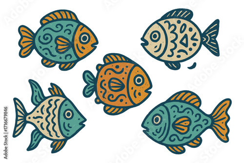 Set of decorative abstract fish in vintage doodle style. Hand-drawn cartoon marine animal illustration. Collection of ornamental sea creatures for logo or icon design. Retro aquatic vector.