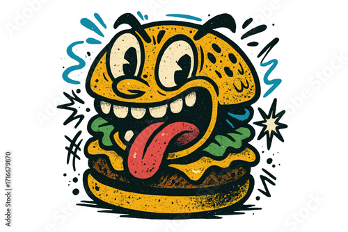 Funny burger character mascot in retro cartoon graffiti style. Fast food street art illustration for t-shirt print or sticker. Hand-drawn vintage comic design element for apparel.