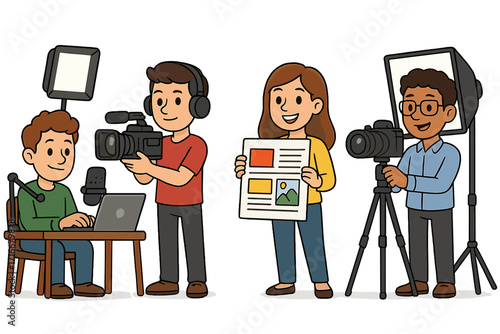 Media production team. Content creation concept with diverse characters. Videographer, photographer, journalist and podcaster. Vector illustration set for vlogging or blogging.