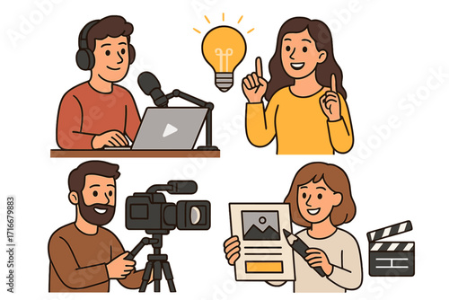 Content creators vector character set. Digital media production concept. Podcaster, blogger, videographer, designer illustration. Man with camera, woman with new idea lightbulb.