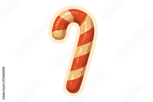 Candy cane Christmas torn paper sticker in naive halftone collage style. Vector vintage sweet holiday dessert illustration. Retro candy decoration with torn edges isolated.