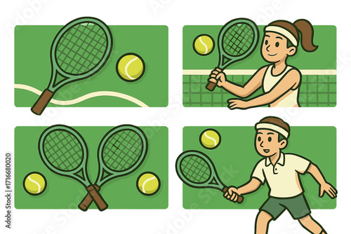 Tennis sport vector illustration set. Man and woman players with rackets and balls on the court. Cartoon characters playing a game. Active lifestyle hobby and competition concept.