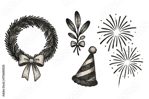 Vintage New Year and Christmas set. Hand-drawn vector elements with halftone texture. Wreath, mistletoe, party hat, fireworks for festive card design and collages.