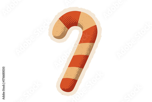 Candy cane Christmas torn paper sticker in naive halftone collage style. Vector vintage sweet treat. Cartoon illustration for holiday design. Retro Xmas graphic element.