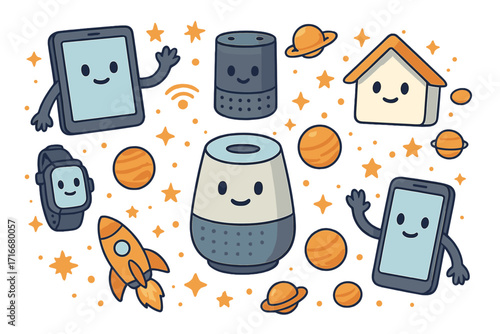 Set of cute smart home device characters. Kawaii vector doodles of assistant speaker, phone, watch, tablet, house. IoT, AI, connectivity, and modern technology concept.