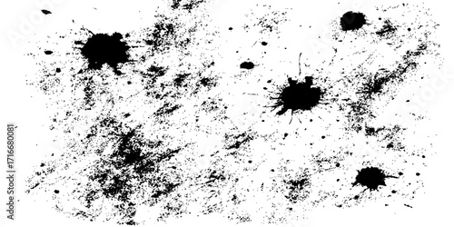Black paint splatter and ink blot design element, a dirty, grunge splash texture on a white background