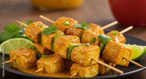 fried chicken wings,  Tofu Skewers with Orange Sauce, Greens, and Lime Garnish on Dark Plate