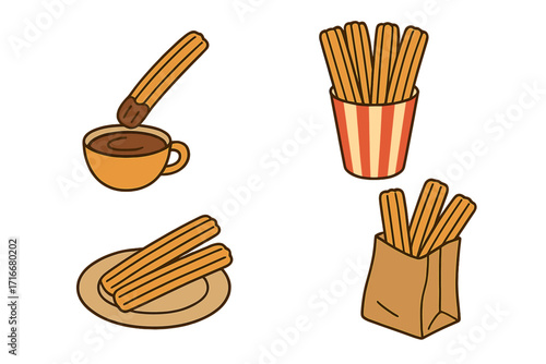 Churros vector illustration set. Traditional Mexican or Spanish fried pastry dessert with hot chocolate dipping sauce. Food collection in paper bag, cup and on plate. Cartoon icons.