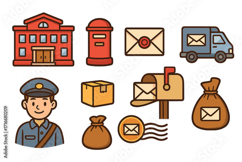 Postal service icon set vector cartoon illustration. Mail delivery elements. Post office, mailman, truck, letter, package, and mailbox collection for web graphic design.