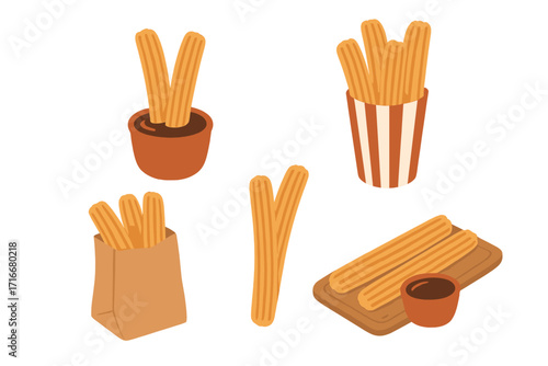 Churros vector set with chocolate sauce. Traditional Mexican sweet dessert pastry. Collection of fried dough snacks in a paper bag and cup. Flat cartoon food illustration.