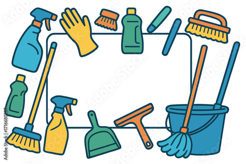 Cleaning tools banner for house services. Vector illustration for cleaning service design. Frame with space for text. Household equipment background. Flat design hygiene concept.
