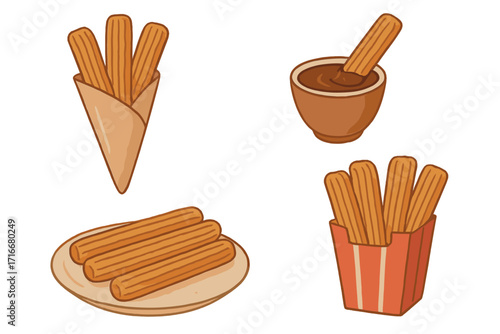 Churros vector set. Traditional Mexican or Spanish fried dessert with chocolate sauce. Street food snack in paper cone and box. Flat cartoon hand drawn illustration.