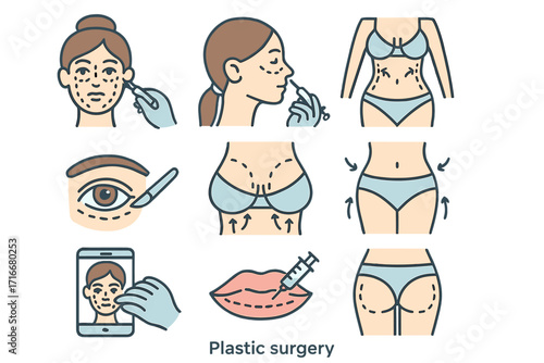Plastic surgery and cosmetic procedures icon set. Vector line art for aesthetic medicine, including rhinoplasty, breast augmentation, liposuction, facelift, and lip fillers.