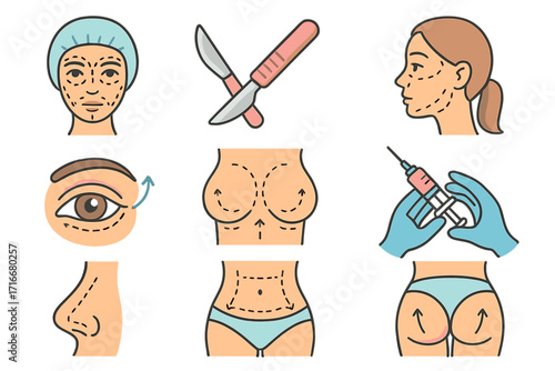 Plastic surgery icons. Cosmetic procedure and aesthetic medicine. Body contouring, face lift, rhinoplasty, breast augmentation, liposuction, butt lift, filler injections.