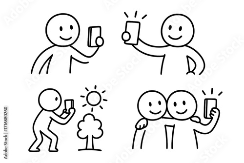 Set of stick figures taking photos. Friends taking selfie with smartphone. Person photographing nature. Doodle character holding phone. Cartoon man using mobile camera.