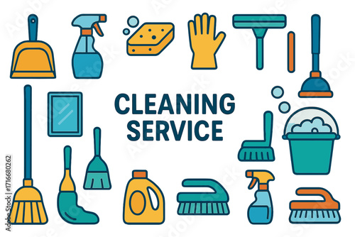 Cleaning service tools vector icons for house cleaning. Banner with housekeeping equipment like broom, spray, sponge. Janitorial supplies in flat design. Copy space for text.