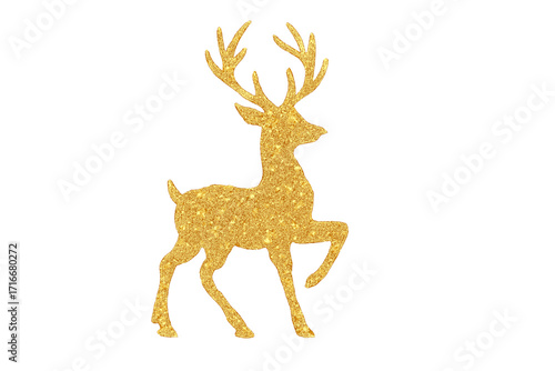 Golden deer silhouette made of gold glitter sparkles. Christmas reindeer motif and Xmas decoration. Festive isolated element for luxury holiday design. Magic winter animal vector.