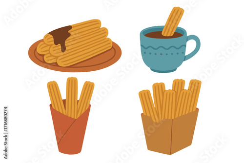 Churros vector illustration set. Mexican and Spanish sweet dessert. Fried dough pastry snack with hot chocolate dip sauce. Street food in paper cone. Isolated cartoon icon.